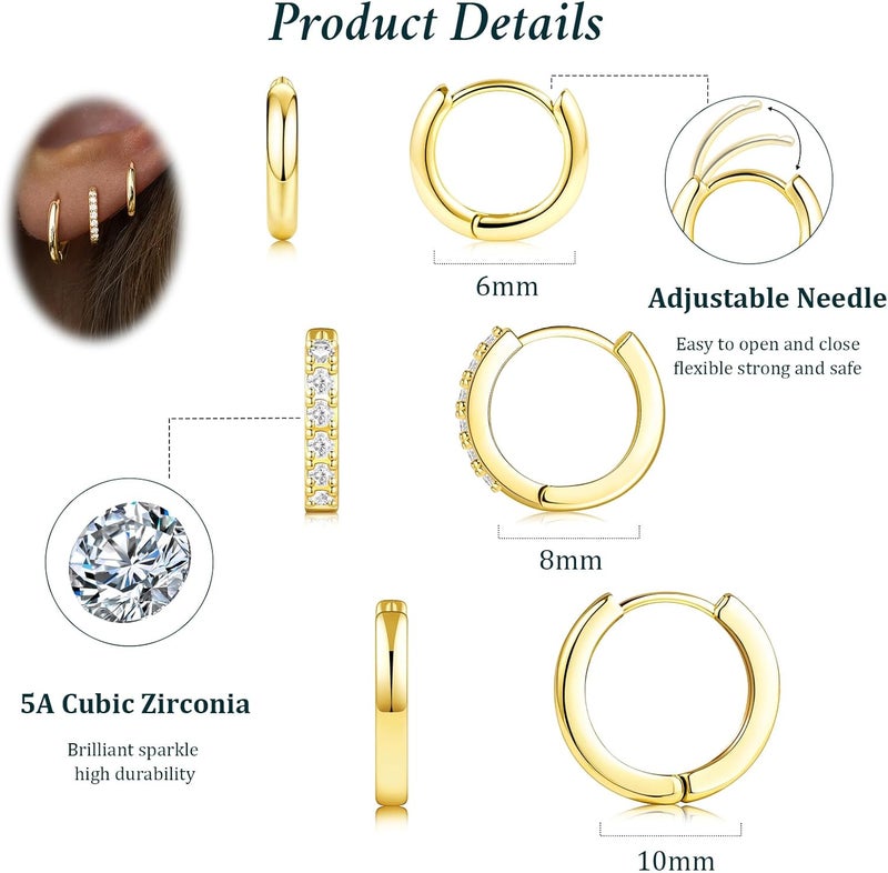 Poxtex Small Sterling Silver Huggie Hoop Earrings Set for Women, Hypoallergenic 14K Gold Plated Hoops Stacks for Multiple Piercings, Dainty Cute Mini Lightweight Cartilage Studs Trendy Jewelry Gift - Image 4